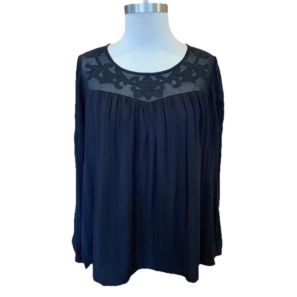 J Jill Large Petite Blouse Top Semi Sheer Shoulders Fairy Appliqué Romance Black